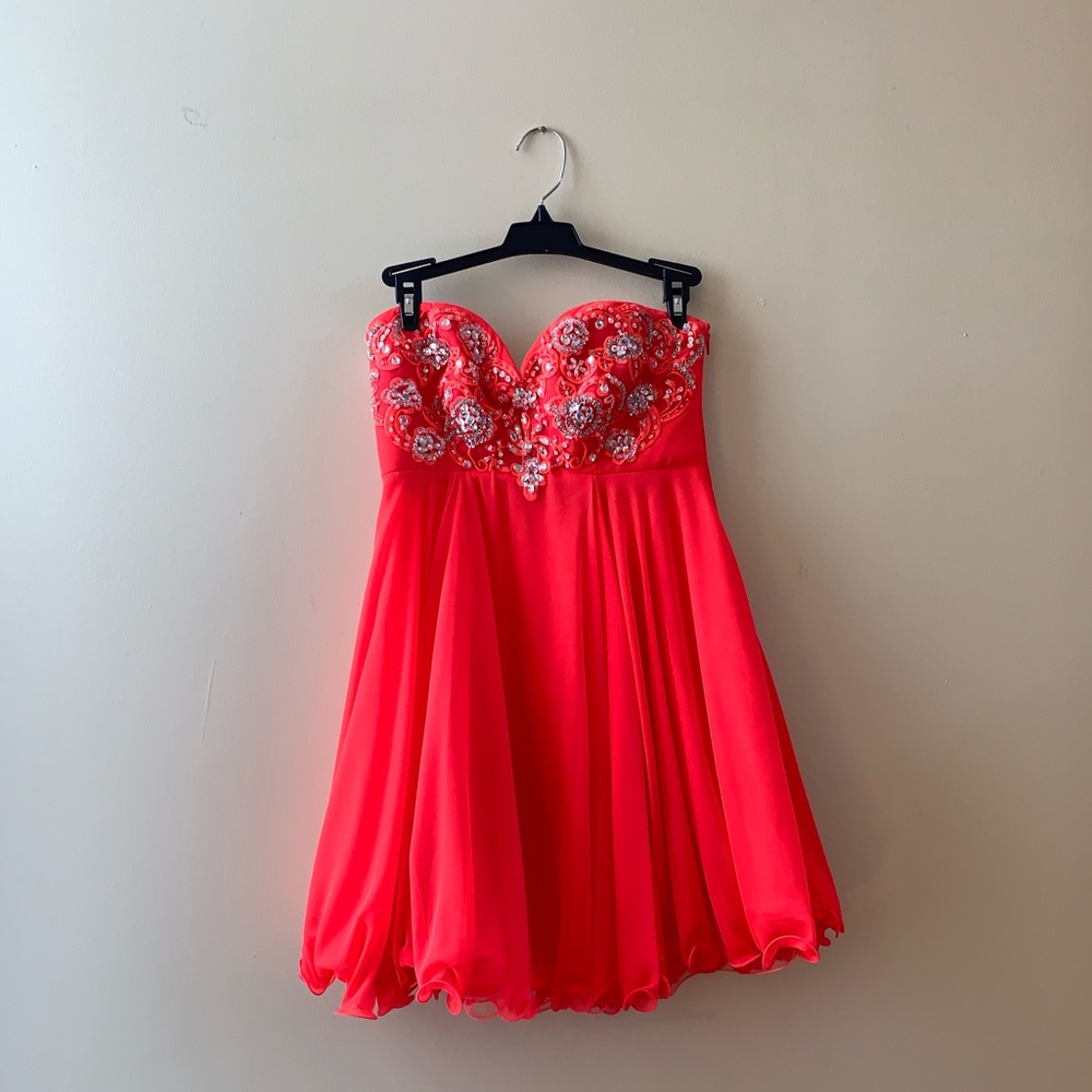 Strapless Neon Coral Homecoming Dress